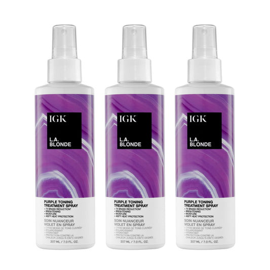 IGK L.A. Blonde Purple Toning Treatment Spray 3 pack – Leave-In Violet Spray That Neutralizes Brass, Brightens Blonde, Hydrates & Provides 450°F Heat Protection – Vegan & Color-Safe
