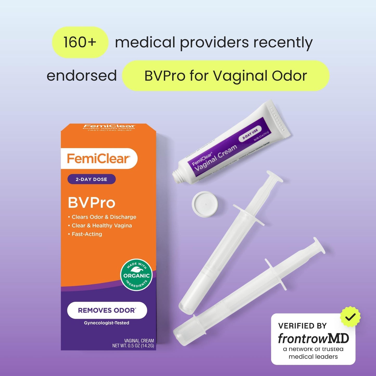 FemiClear BVPro Cream for Vaginal Odor, Feminine Odor Relief, Fast-Acting, Made with Natural Ingredients, 2-Day Use, Gynecologist Tested, Boric Acid Alternative, 0.5oz Cream