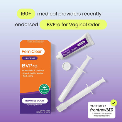 FemiClear BVPro Cream for Vaginal Odor, Feminine Odor Relief, Fast-Acting, Made with Natural Ingredients, 2-Day Use, Gynecologist Tested, Boric Acid Alternative, 0.5oz Cream