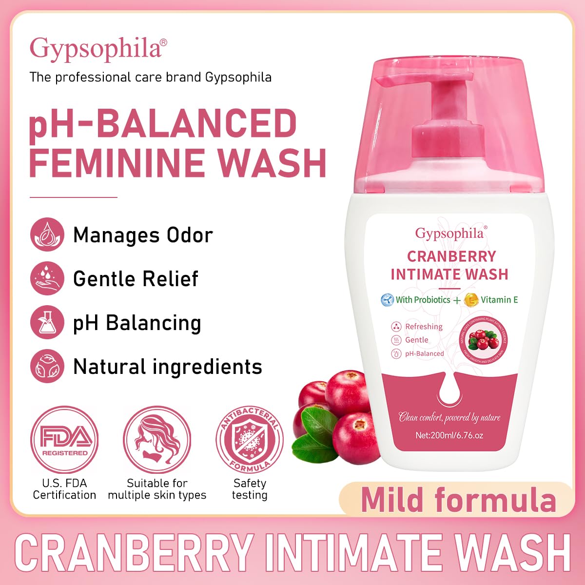 Cranberry Feminine Wash For Intimate Area Hygiene,pH Balance and Vitamin E for Vaginal wash,Non-Irritating,6.76 Fl Oz