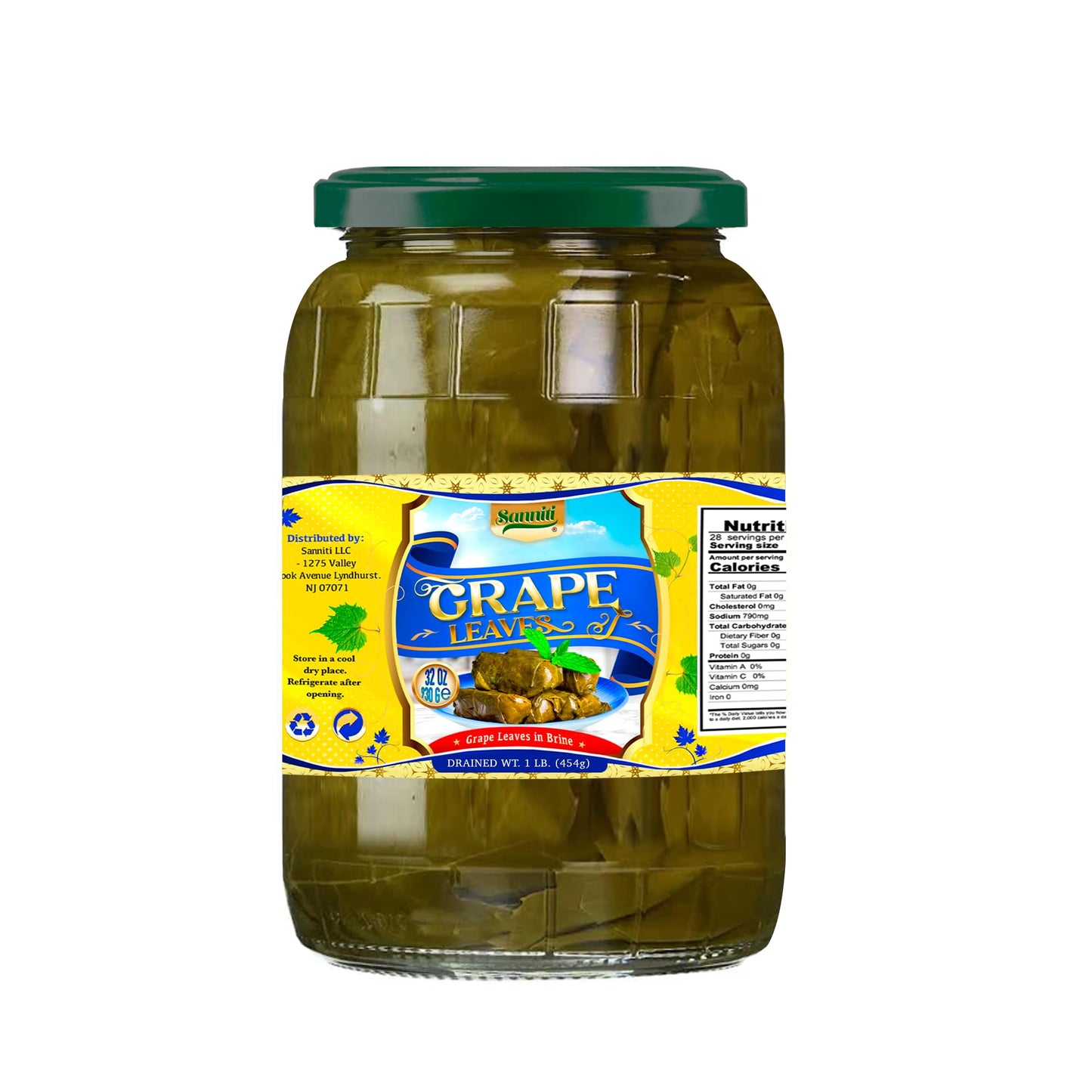 Sanniti Grape Leaves in Brine | Net Weight 32 oz | Drained Weight 1 lbs
