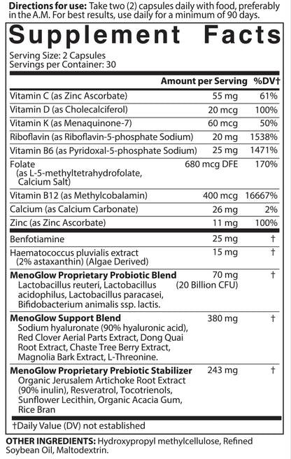 MENOLABS MenoGlow Dietary Supplement for Menopause Relief - 60 Capsules - Nutritional Supplement With Vitamin C & Hyaluronic Acid, Supports Hair, Skin & Nails Reduces Hot Flashes & Supports Gut Health