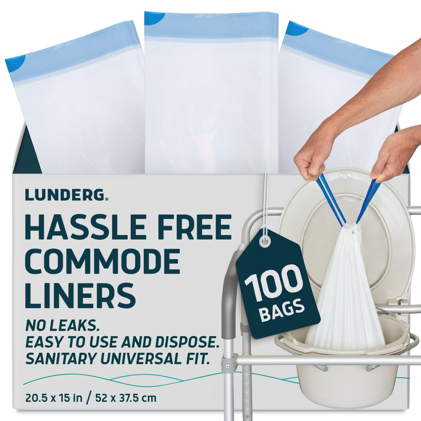 Lunderg Commode Liners - Value Pack 100 Count Universal Fit - Medical Grade Bedside Liners Disposable for Adult Commode Chair, Portable or Camping Toilet Bags