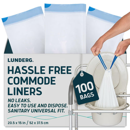 Lunderg Commode Liners - Value Pack 100 Count Universal Fit - Medical Grade Bedside Liners Disposable for Adult Commode Chair, Portable or Camping Toilet Bags