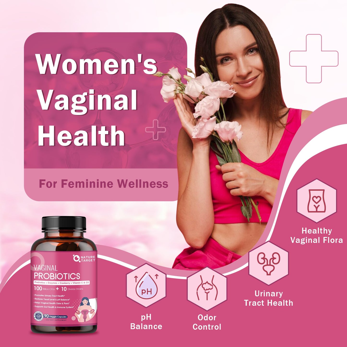 NATURE TARGET Vaginal Womens Probiotics, 100 Billion CFUs Probiotics & Prebiotics with Digestive Enzymes, Cranberry & D-Mannose - Supports pH Balance, Odor & Urinary Tract Health - 90 Capsules