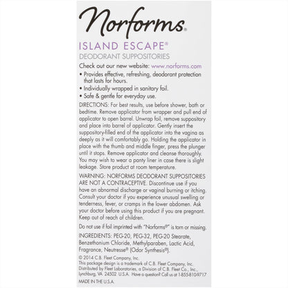 Norforms Feminine Deodorant Suppositories, Gentle pH-Balanced Formula for Vaginal Odor Control, Island Escape Scent, 12 Count, Pack of 3