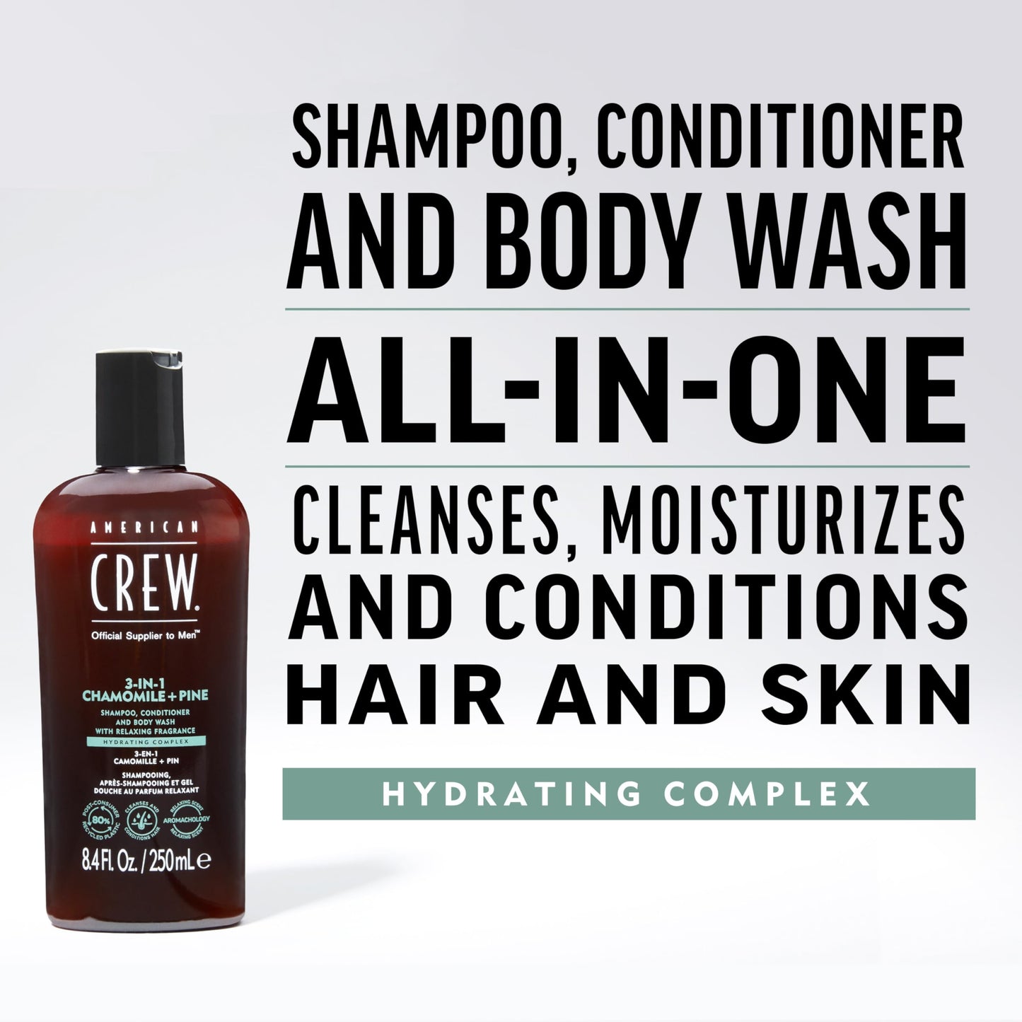 AMERICAN CREW 3-in-1 Chamomile & Pine, Shampoo, Conditioner & Body Wash for Men, All-in-One Care with Calming and Relaxing Fragrance, 15.2 fl oz
