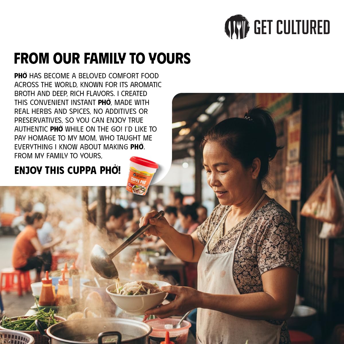 Get Cultured Instant Beef Pho Noodle Soup - Authentic Vietnamese Cuppa Pho with Spices & Dried Herbs | Premium Microwavable Noodle Soup, Gluten Free & Low Sodium 3.0 oz (6-Pack)
