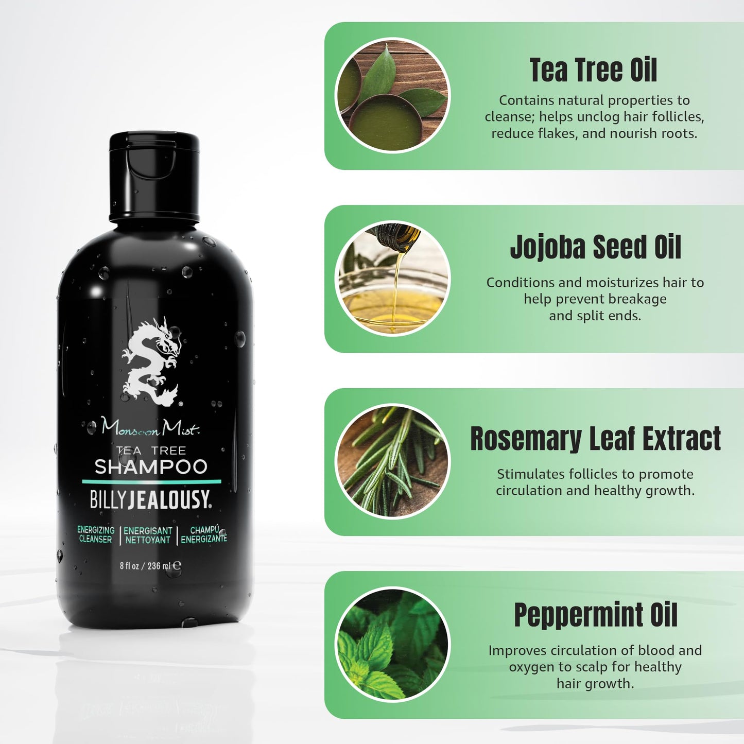 Billy Jealousy Monsoon Mist Tea Tree Energizing Men's Shampoo with Peppermint & Rosemary, Removes Oil Build-up and Soothes Scalp Itch & Irritation, 8 Oz.