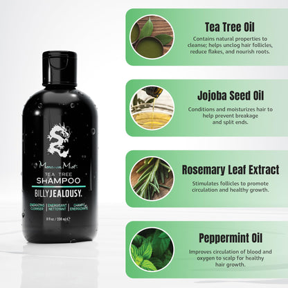 Billy Jealousy Monsoon Mist Tea Tree Energizing Men's Shampoo with Peppermint & Rosemary, Removes Oil Build-up and Soothes Scalp Itch & Irritation, 8 Oz.