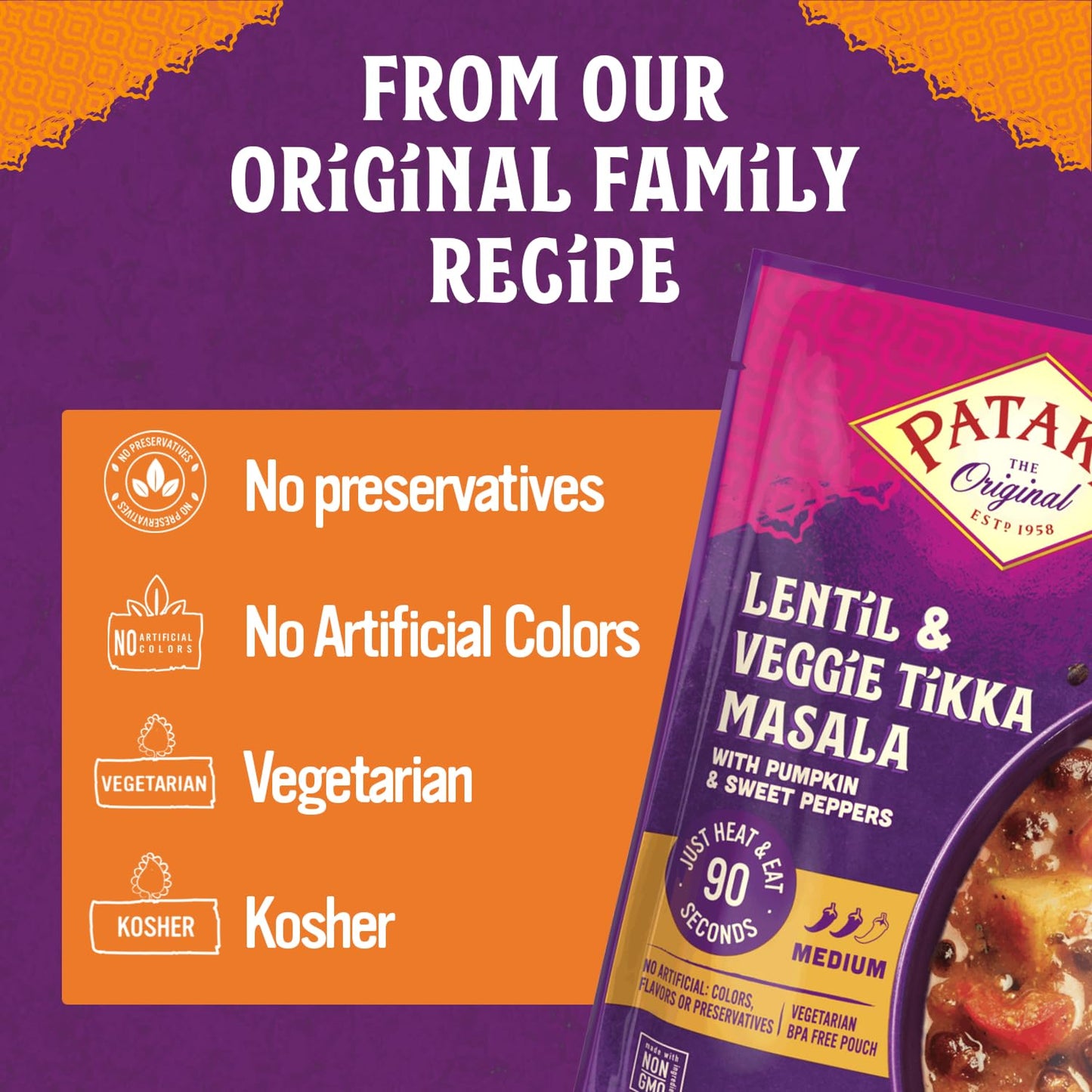 Patak’s Lentil & Veggie Tikka Masala - Vegetarian Indian Curry w/Lentils, Beans, Pumpkin, Sweet Potatoes & Vegetables - Ready-to-Eat Microwaveable Meal - Serve with Rice or Naan - 10.5oz (Pack of 3)