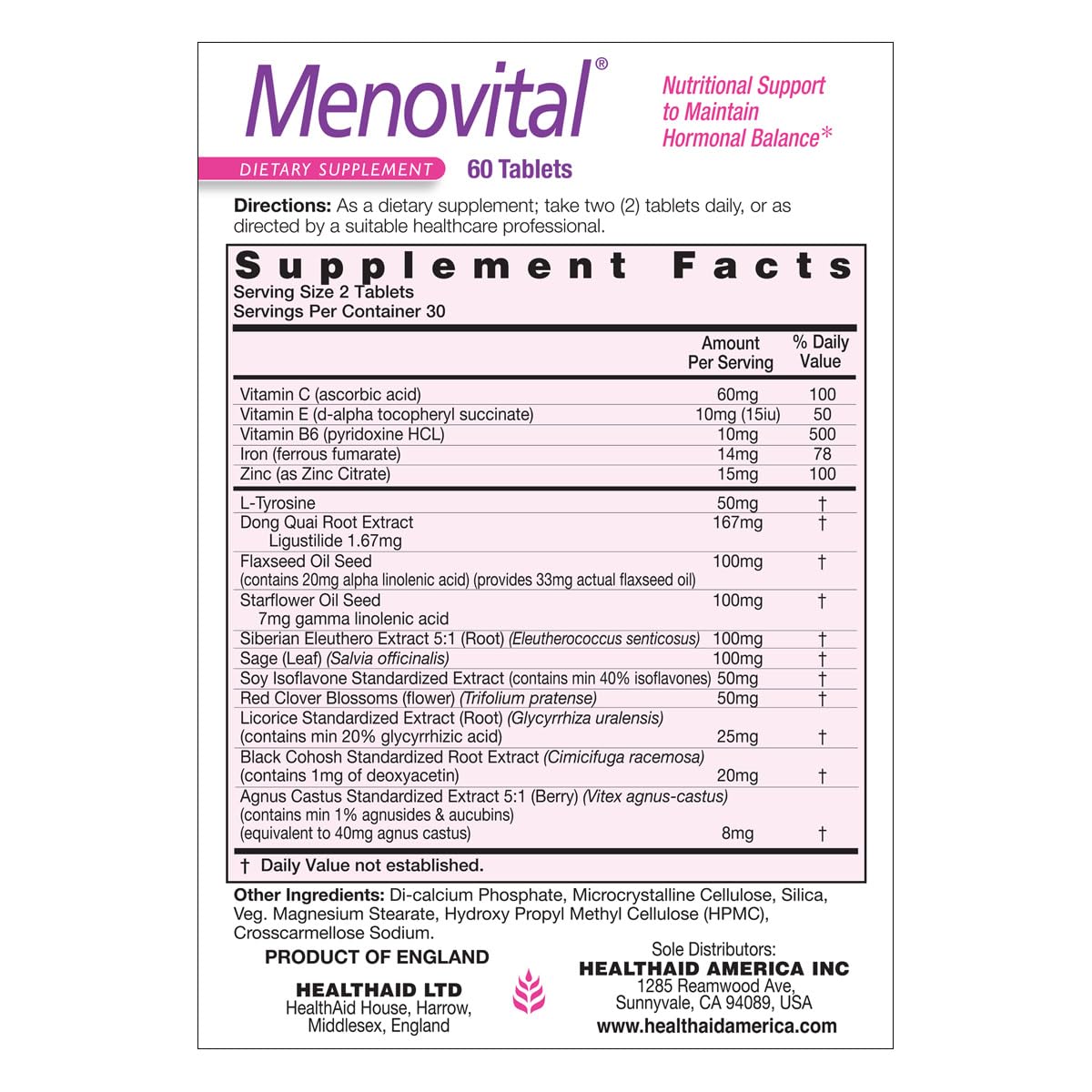 HealthAid Menovital – Twice-Daily Herbal Supplement for Hormonal Balance Support | 60 Vegetarian Tablets | Non-GMO & Gluten-Free
