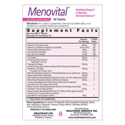 HealthAid Menovital – Twice-Daily Herbal Supplement for Hormonal Balance Support | 60 Vegetarian Tablets | Non-GMO & Gluten-Free