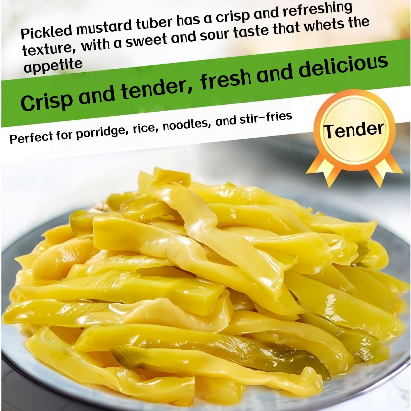 Chinese sichuan pickled mustard tuber greens, crisp and refreshing, perfect with rice. 70g*3, 210g (7.4 ounces) can be served with sandwiches, burgers, snacks, or fried rice