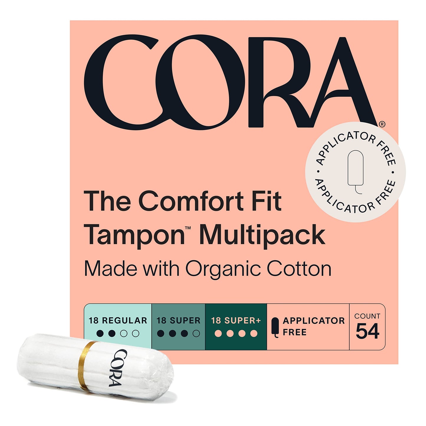 Cora 100% Organic Cotton Non-Applicator Tampons | Ultra-Absorbent, Unscented, Natural, Non-Toxic | Eco-Conscious | 90 Total (54 R/S/S+ & 36 Light Tampons)