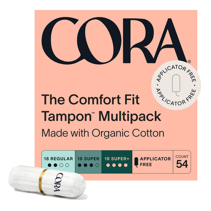 Cora 100% Organic Cotton Non-Applicator Tampons | Ultra-Absorbent, Unscented, Natural, Non-Toxic | Eco-Conscious | 90 Total (54 R/S/S+ & 36 Light Tampons)