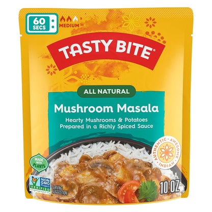 Tasty Bite Indian Entree Mushroom Masala 10 Ounce, Fully Cooked Indian Entrée with Mushrooms & Potatoes in a Richly Spiced Sauce, Vegan, Gluten Free, Microwaveable, Ready to Eat