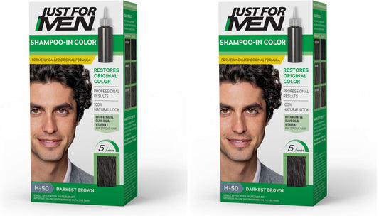 Just For Men Shampoo-In Color (Formerly Original Formula), Mens Hair Color with Keratin and Vitamin E for Stronger Hair - Darkest Brown, H-50, Pack of 2