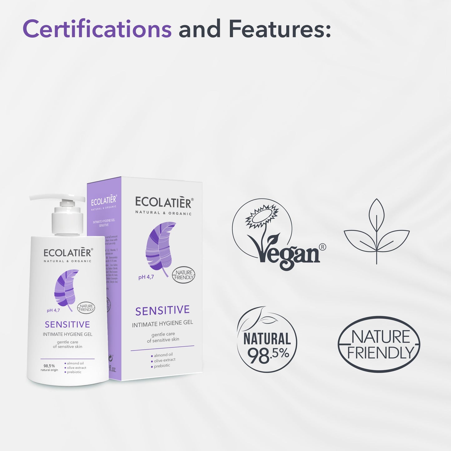 Feminine Wash Sensitive with Almond Oil & Olive Extract – 98.5% Natural, Vegan, pH 5.2 Balanced vaginal wash for woman Dry & Sensitive Skin, Restores Microflora & Moisture, 8.5 Fl Oz – ECOLATIER