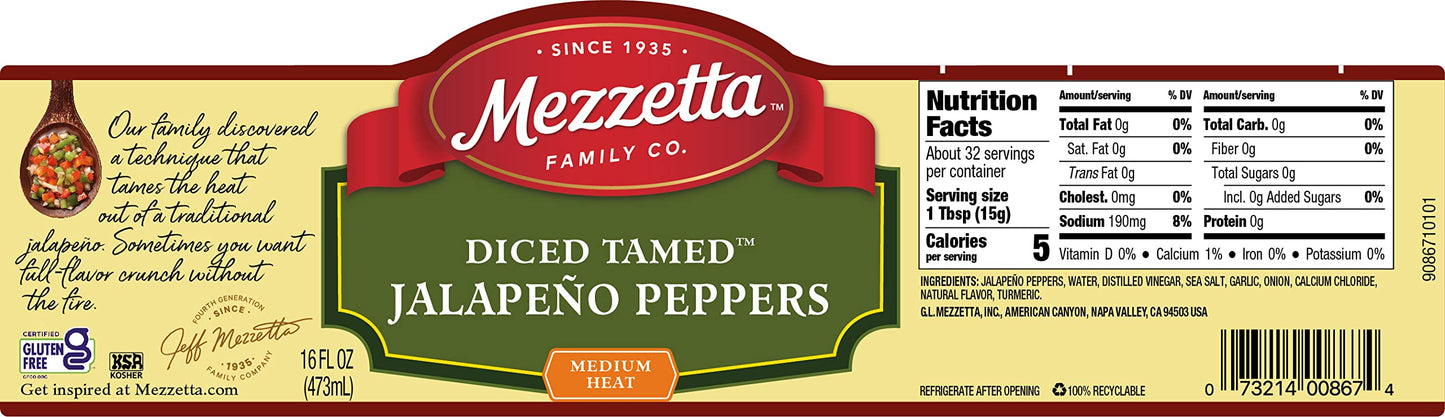 Mezzetta Diced Tamed Jalapeno Peppers, Medium Heat | Kosher, Gluten Free, Keto | 16 Fluid Ounce Jar (Pack of 6)