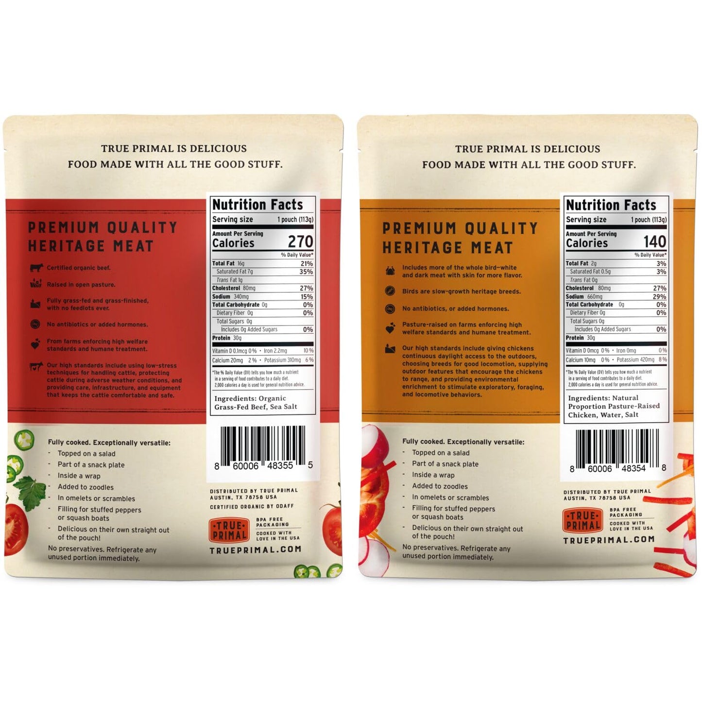 True Primal Mini Meatballs Variety Grass-fed Beef & Pastured Chicken 8-pack. Ready to eat. 1/4 lb fully cooked beef per pouch. Gluten free. Grain free. Paleo. Keto. Carnivore. Organic. Whole30. AIP.