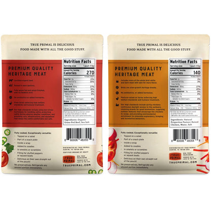 True Primal Mini Meatballs Variety Grass-fed Beef & Pastured Chicken 8-pack. Ready to eat. 1/4 lb fully cooked beef per pouch. Gluten free. Grain free. Paleo. Keto. Carnivore. Organic. Whole30. AIP.