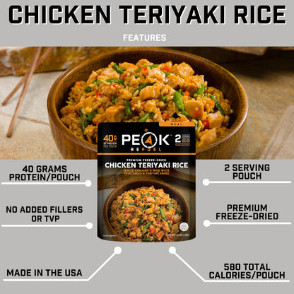 Peak Refuel Chicken Teriyaki Rice | 40g Protein | 580 Calories | 100% Real Meat | Premium Freeze Dried Backpacking & Camping Food | 2 Servings | Ideal MRE Survival Meal (2-Pack)