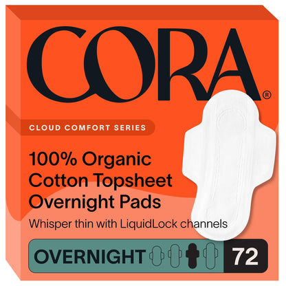 Cora Organic Feminine Care | 72 Overnight Pads with Wings and a Menstrual Period Cup | Medical Grade Silicone | Eco-Conscious | Bundle Pack