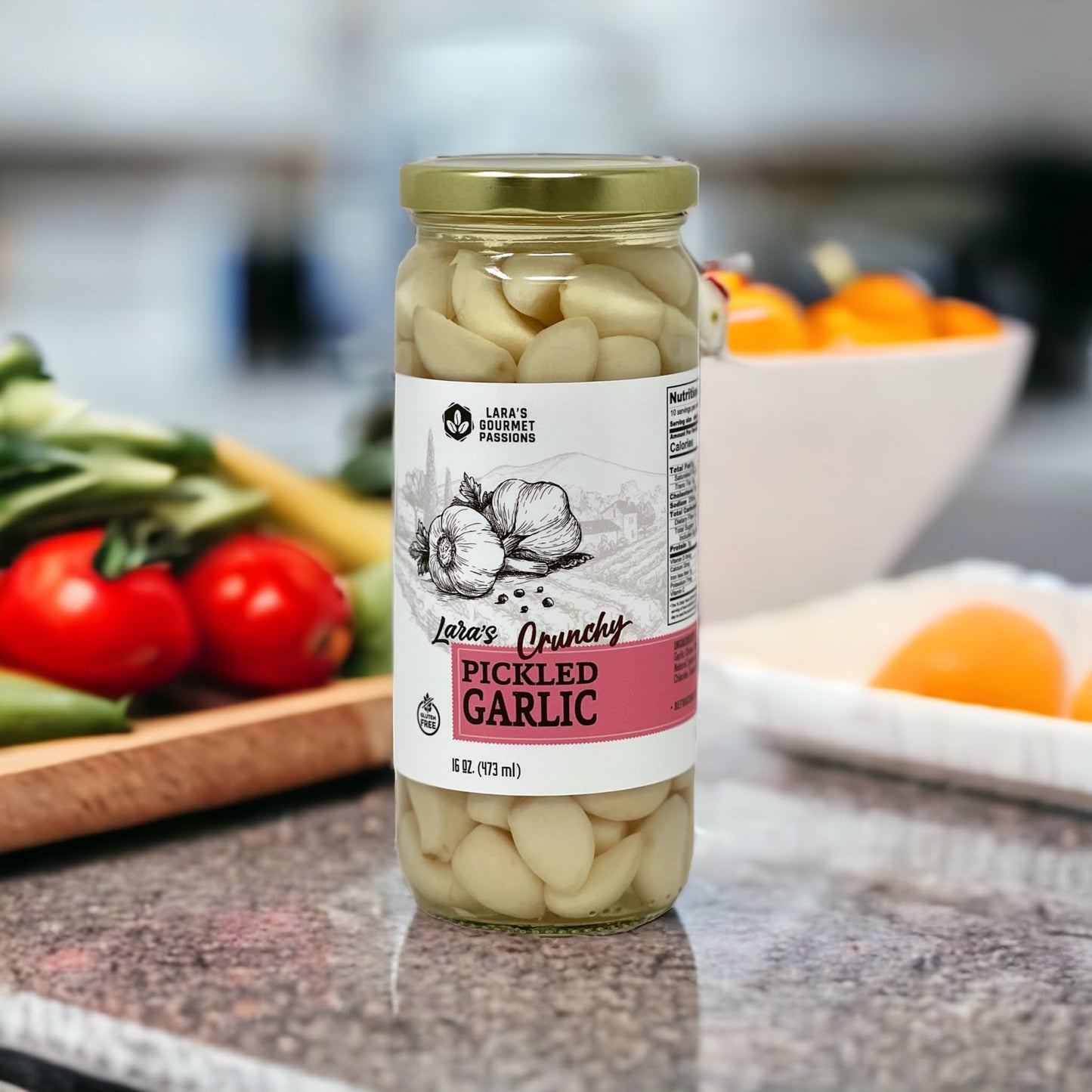 Lara's Pickled Garlic Cloves in Jar (16 fl oz) - Crunchy and Mild Flavor - Long Shelf Life - Canned Garlic