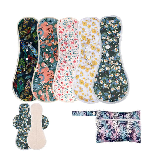 AIO Reusable Washable Cloth Menstrual Pads Sanitary Patten Pad for Woman Large Size (4.72 * 11.8inch) Including 5 pcs Pads with 1 Wet Bag