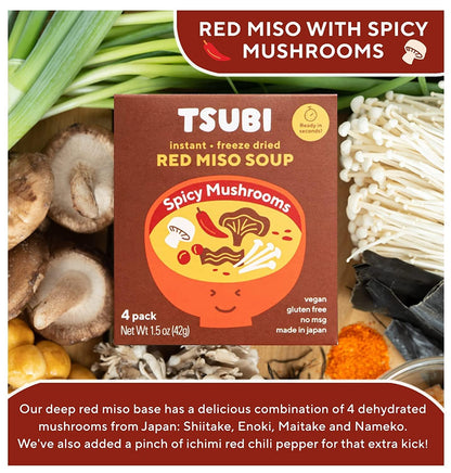 Tsubi Soup Freeze-Dried Japanese Miso Soup Packets - Instant, Vegan, Easy Mix, Gluten & MSG-Free, and Flavorful - Ready in Seconds -Made in Japan - Red Miso (Spicy Mushroom) - 4 Packs