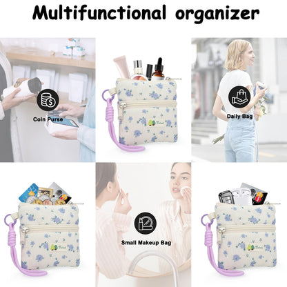 Cute Corduroy Period Bag for Purse, Discreet Zipper Sanitary Pad & Tampon Holder, Portable Coin Storage Pouch, Thoughtful First Period Gift (Blue Rose)
