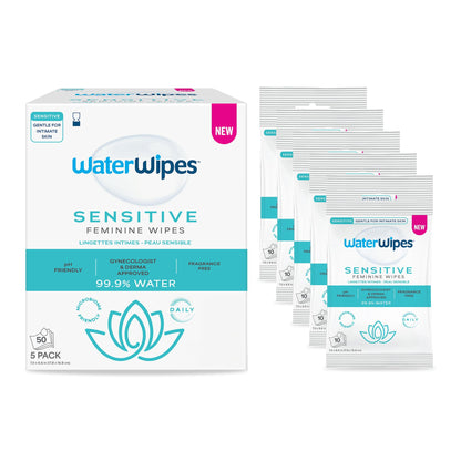 WaterWipes Sensitive Feminine Wipes, 99.9% Purified Water, pH Friendly for Daily Intimate Care, Gynecologist Approved, Fragrance Free, 50 Count (5 Packs)