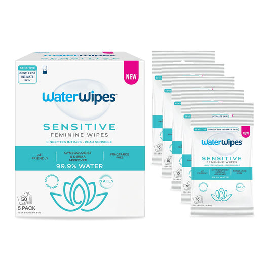 WaterWipes Sensitive Feminine Wipes, 99.9% Purified Water, pH Friendly for Daily Intimate Care, Gynecologist Approved, Fragrance Free, 50 Count (5 Packs)