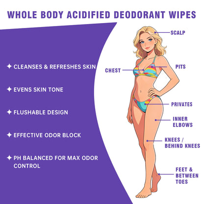 Acidified Body Wipes - 24H Odor Control, pH Balanced for Underarms & Whole Body, Aluminum-Free & Skin-Loving Formula, 80 Wipes