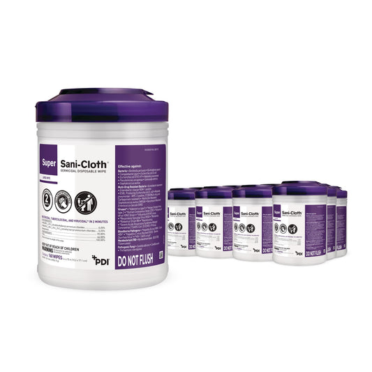 Super Sani-Cloth Germicidal Disposable Wipe, Hospital Grade Disinfection, 160 Large 6" x 6.75" Wipes Each, Case of 12 Canisters
