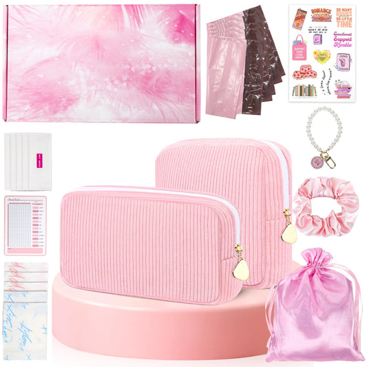 Desing Wish 22 PCS First Period Starter Kit Gift for Teen Girls Period Bags for Teen Tweens Girls with Corduroy Sanitary Pad Storage Bag, Wipes, Menstrual Tracker, Disposal Pouches and More (Pink)
