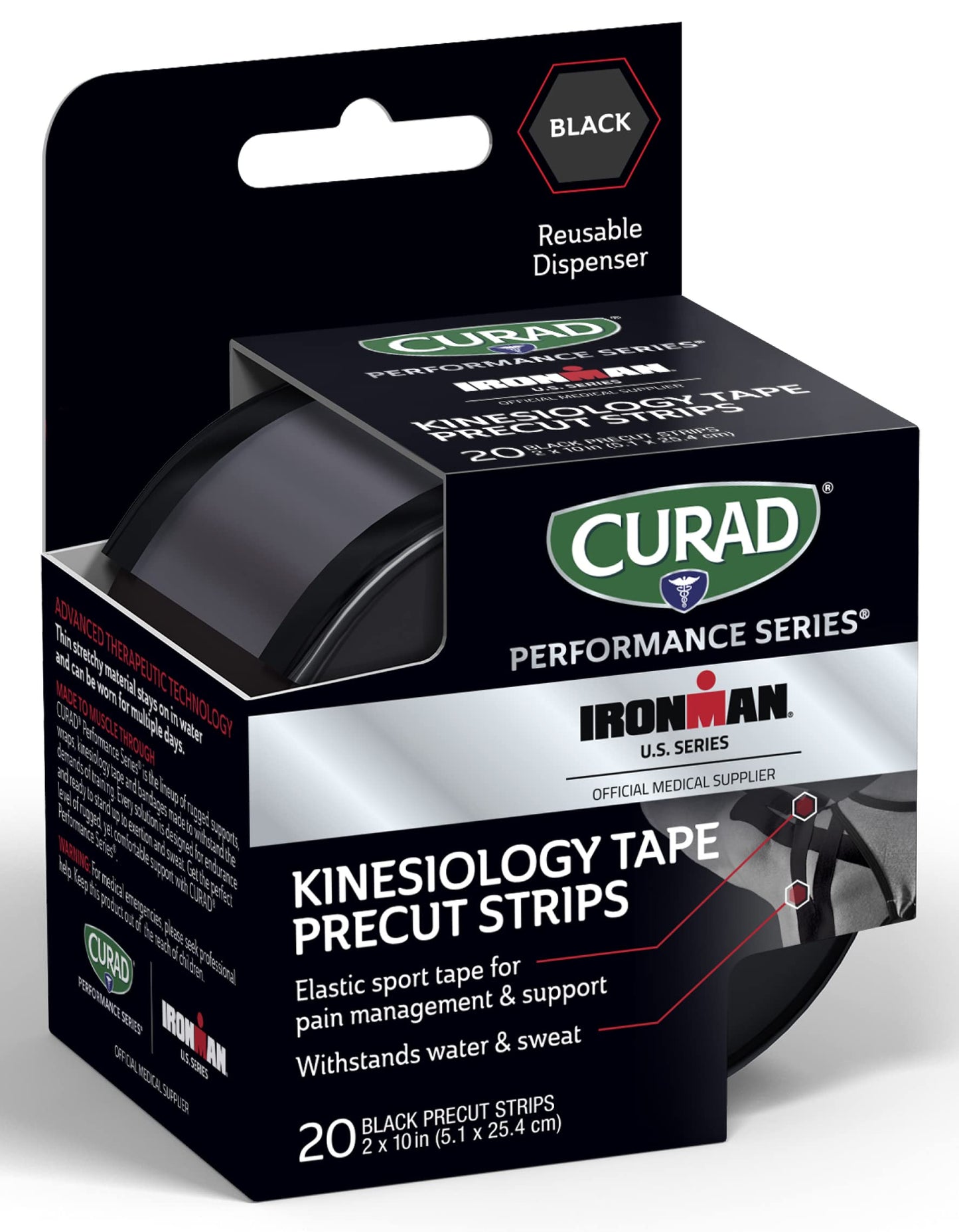 Curad Performance Series IRONMAN Kinesiology Tape, Black, 2 in x 10 in, 1 Roll of 20 Precut Strips