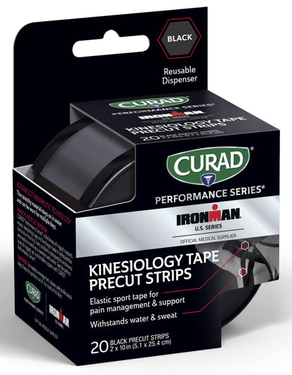 Curad Performance Series IRONMAN Kinesiology Tape, Black, 2 in x 10 in, 1 Roll of 20 Precut Strips