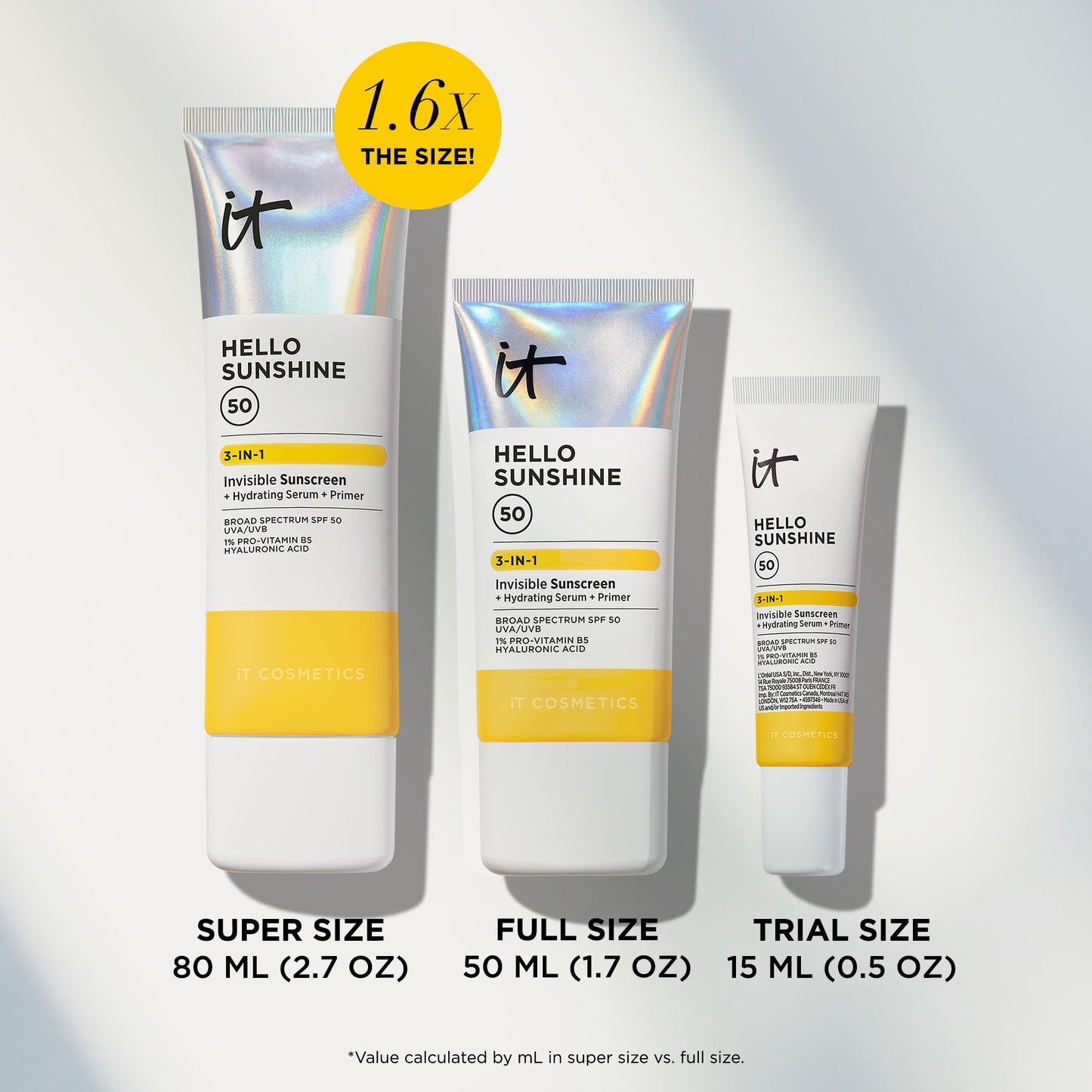 IT Cosmetics Hello Sunshine Invisible Sunscreen for Face SPF 50 - Sunscreen, Hydrating Serum & Makeup Primer - 1% Pro-Vitamin B5 & Hyaluronic Acid - HSA/FSA Eligible - No White Cast