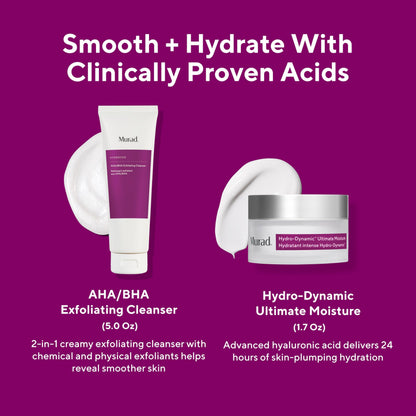 Murad Smooth + Hydrate - 2-Piece Full-Sized Set ($122 Value) - Exfoliatng Acids to Polish Dull Skin and Deliver Critical Hydration - AHA/BHA Cleanser 5.0Fl Oz, Hydro-Dynamic Moisture 1.7Fl Oz