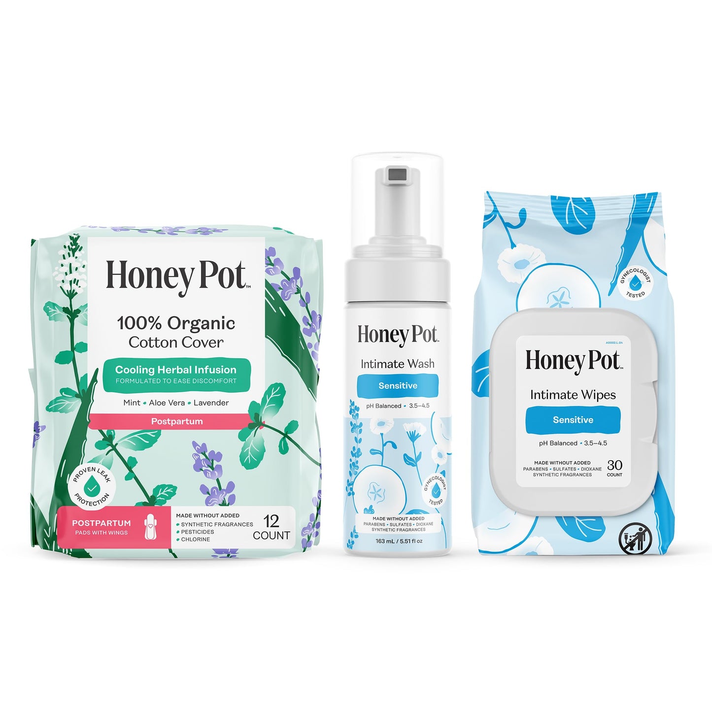 The Honey Pot Company - Postpartum Pads, Sensitive Feminine Wash & Wipes Bundle - Herbal Infused & PH Balanced Natural Hygiene Feminine Products - Postpartum Essentials - Feminine Care
