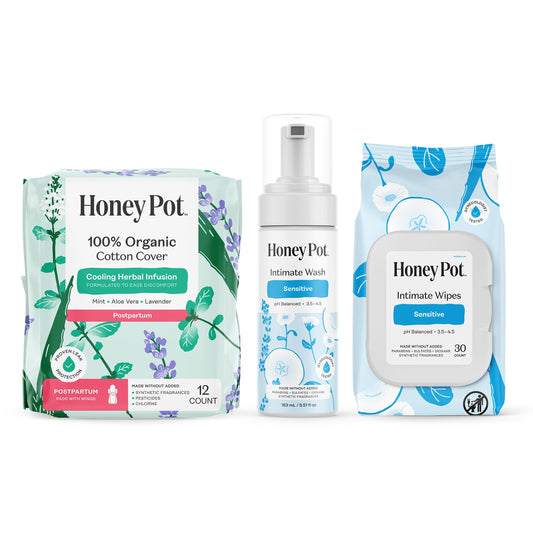 The Honey Pot Company - Postpartum Pads, Sensitive Feminine Wash & Wipes Bundle - Herbal Infused & PH Balanced Natural Hygiene Feminine Products - Postpartum Essentials - Feminine Care