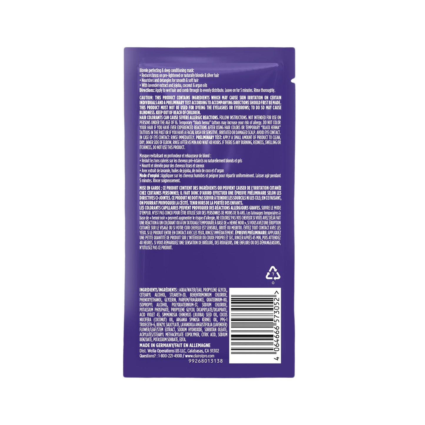Clairol Professional Shimmer Lights Violet Toning Mask for Neutralizing Brassy Tones with Refreshing Blonde Hair Results