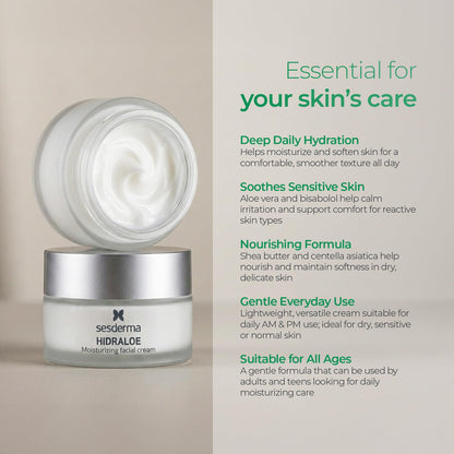 Sesderma Hidraloe Moisturizing Facial Cream with Aloe Vera & Shea Butter – Daily Hydration & Soothing Moisturizer for Sensitive & Dry Skin | 1.7 fl oz