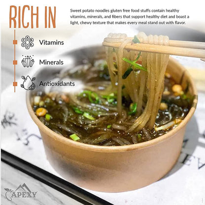 APEXY Sweet Potato Glass Noodles Straight Cut, Japchae Noodles, Korean Vermicelli Pasta, Fat-free and Gluten-free, 100% Sweet Potato Starch, No Additive, No Alum inside, 10.58oz