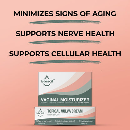 Lubracil - Increase Vaginal Moisture Set of: Moisturizing Cream & Feminine Dryness Ease Pills with Omega 6, 7, & 9, Vitamins A & E for Itching and Burning Relief, Estrogen Free - 1.76 Fl Oz & 60 Pills