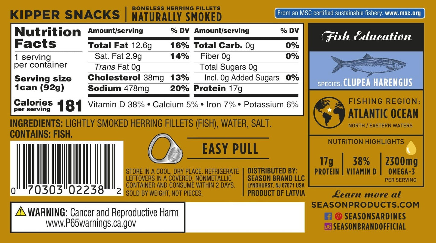 Season Kipper Snacks - Boneless Herring Fillets, Naturally Smoked Fish, Wild Caught, Keto Snacks, Non-GMO, Certified Sustainable Seafood, Non-GMO, 18g of Protein, 1800mg of Omega-3-3.25 Oz, 24-Pack