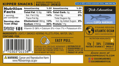 Season Kipper Snacks - Boneless Herring Fillets, Naturally Smoked Fish, Wild Caught, Keto Snacks, Non-GMO, Certified Sustainable Seafood, Non-GMO, 18g of Protein, 1800mg of Omega-3-3.25 Oz, 24-Pack