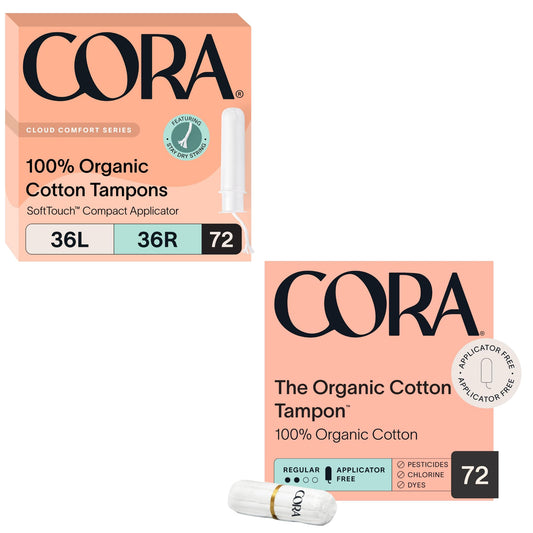 Cora Organic Feminine Care | Applicator and Non-Applicator Tampon Packs | Ultra-Absorbent, Unscented, Natural, Non-Toxic | 36 Light, 108 Regular Tampons | Bundle Pack